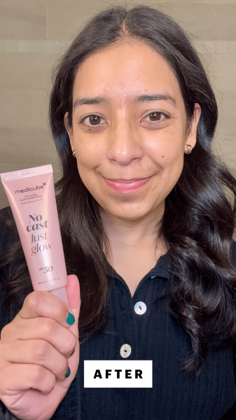 A selfie of Allure managing editor Alessandra Foresto after applying the Medicube No Cast Just Glow Collagen Sunscreen